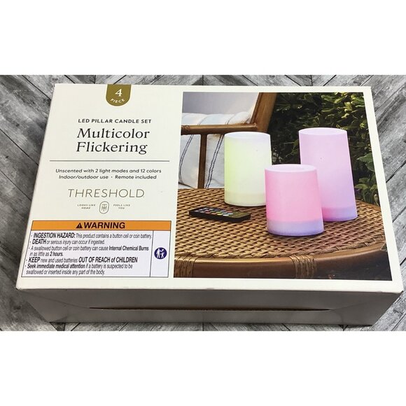 Threshold LED Pillar Candle Set Multicolor Flickering 4-Piece W/ Remote & Timer - Picture 2 of 5